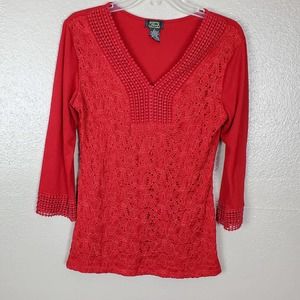 Shannon Ford New York Women's Red Crochet Lace Front 3/4 Sleeve Tunic S